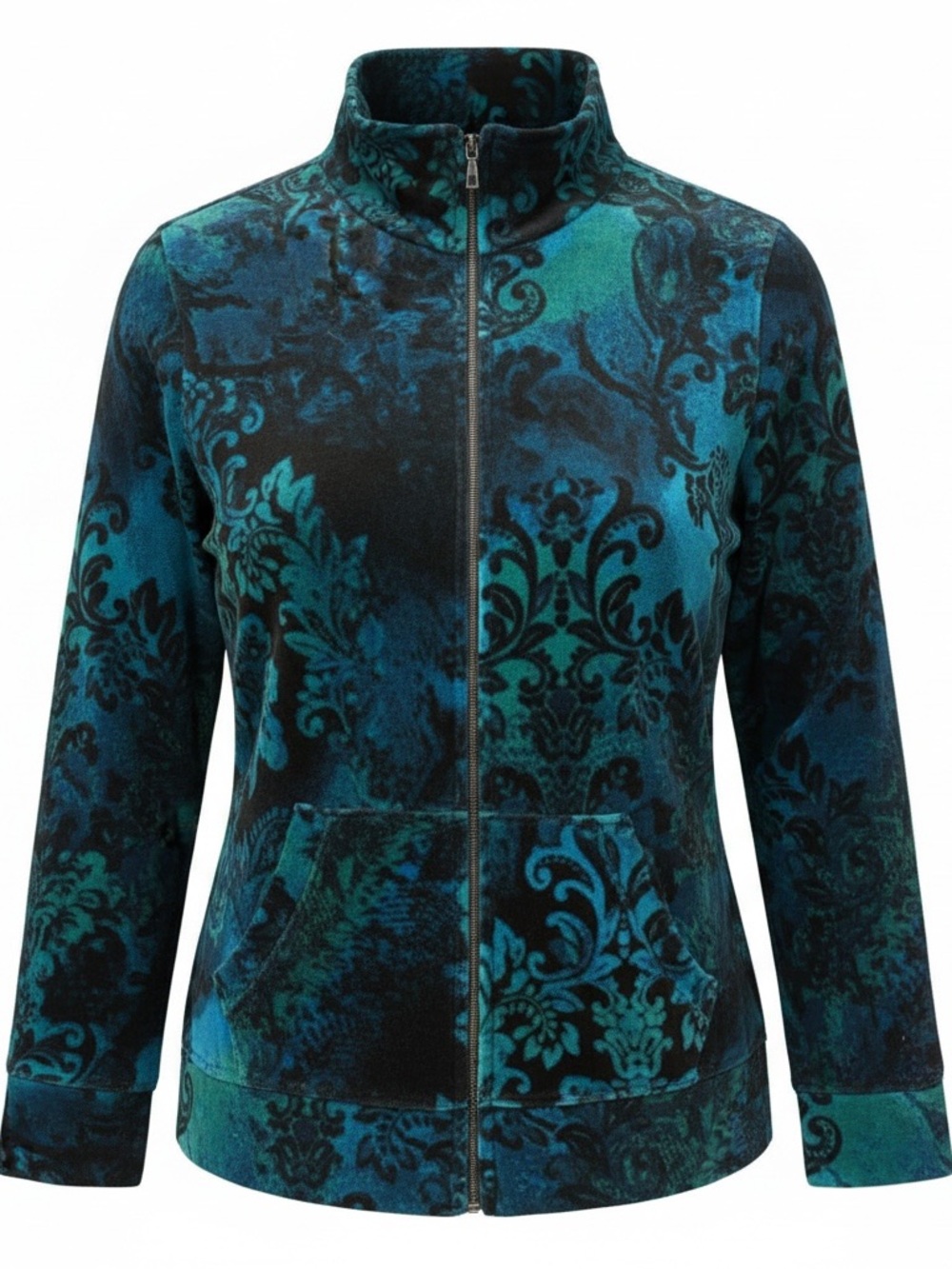 Onque Casuals Teal & Black Patterned Teddy Zip Jacket